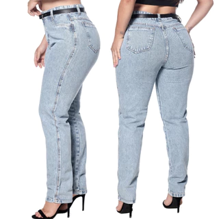 Calça Jeans Feminina Mom Cintura Alta Bolsos traseiros funcionais 100% Algodão Acompanha cinto-Promoção