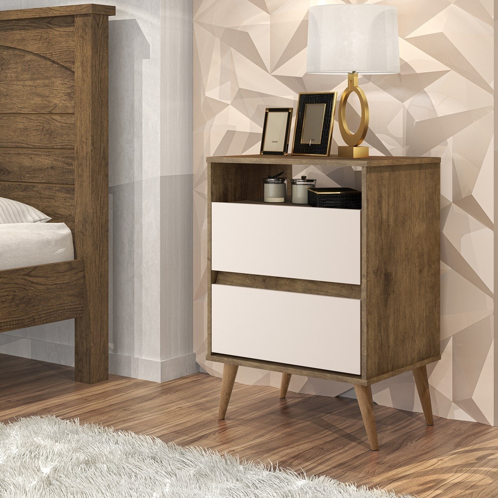 Mesa De Cabeceira Lotus Com Pés Palitos Retro E 2 Gavetas - J&A Moveis