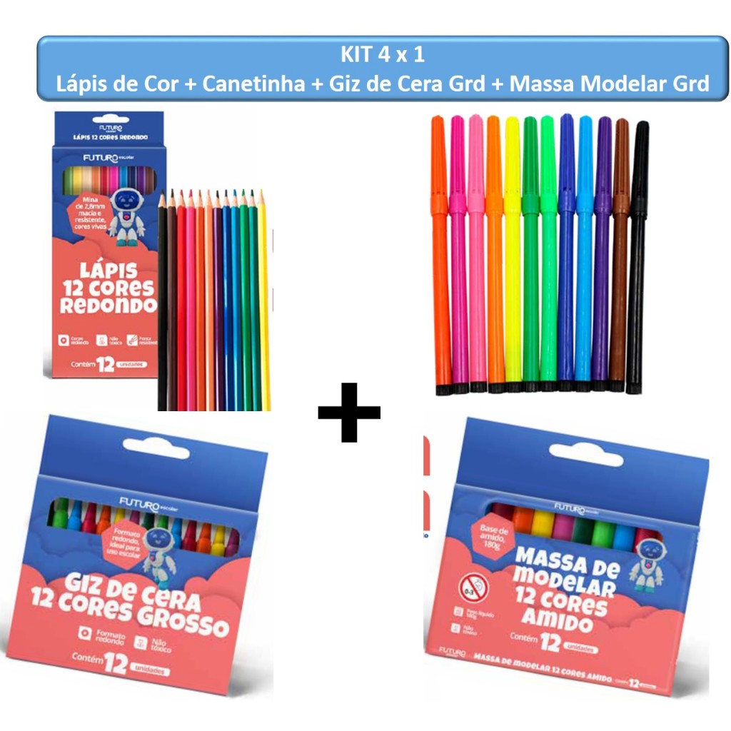 KIT 4x1 (Lápis de Cor + Canetinha + Giz de Cera + Massa de Modelar