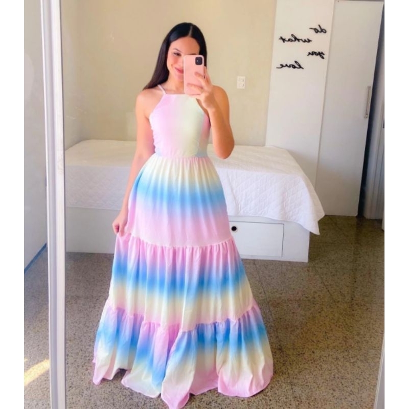 Vestido de Festa Longo Luxo Arco-íris Tendência Tardezinha Chá ...