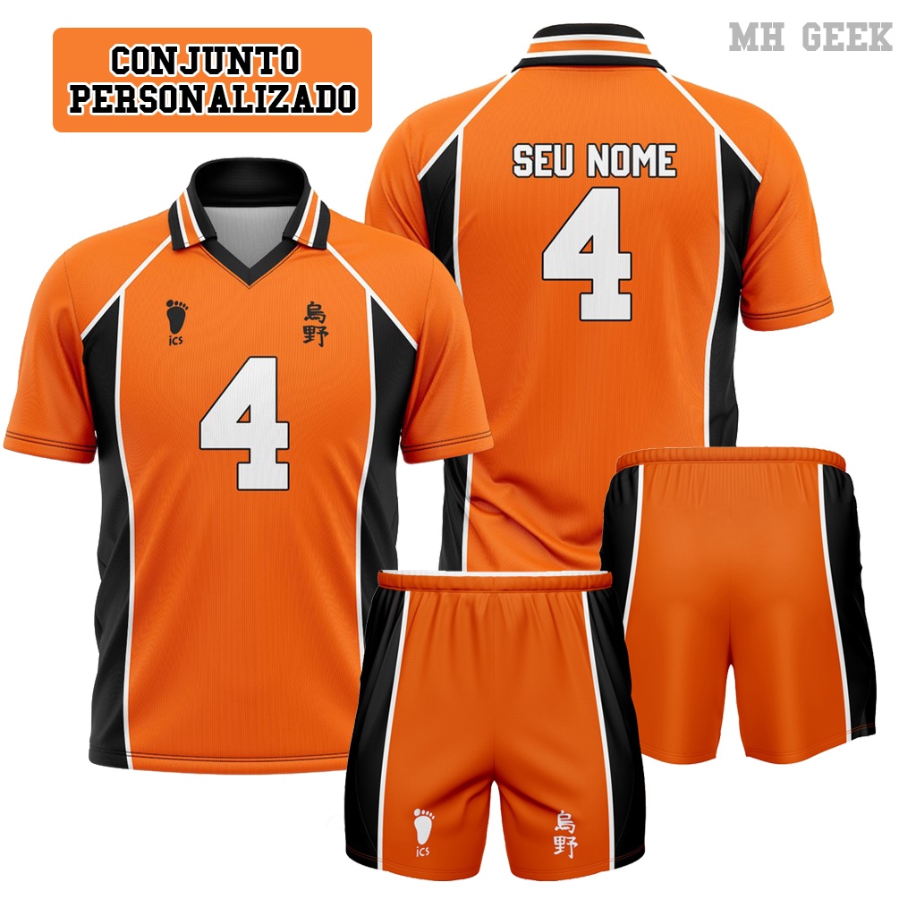 Conjunto Kit Camisa Short Haikyuu! Karasuno Laranja Uniforme Time Personalizada Camiseta Anime Nome e Numero Feminino Masculino Adulto Infantil