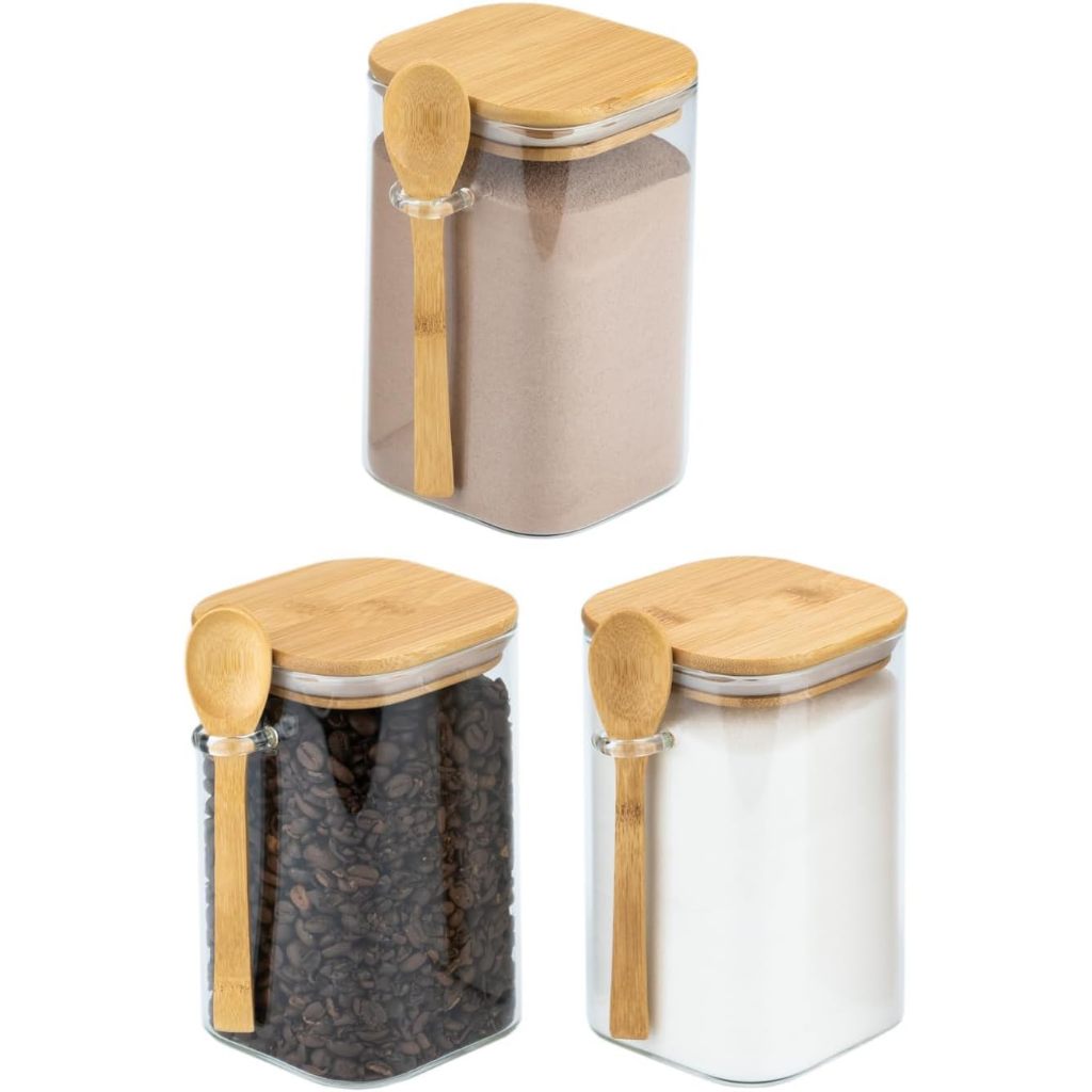 03 Potes Vidro Borossilicato Quadrado Tamanho 6 x 10 cm e Volume 250 ml Com Tampa e Colher de Bambu 250ml 6x10cm