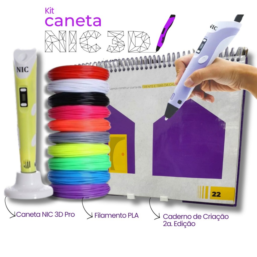KIT – Caneta 3D + 100 Metros de Filamentos + Caderno 2° Edição - Garantia de 6 meses