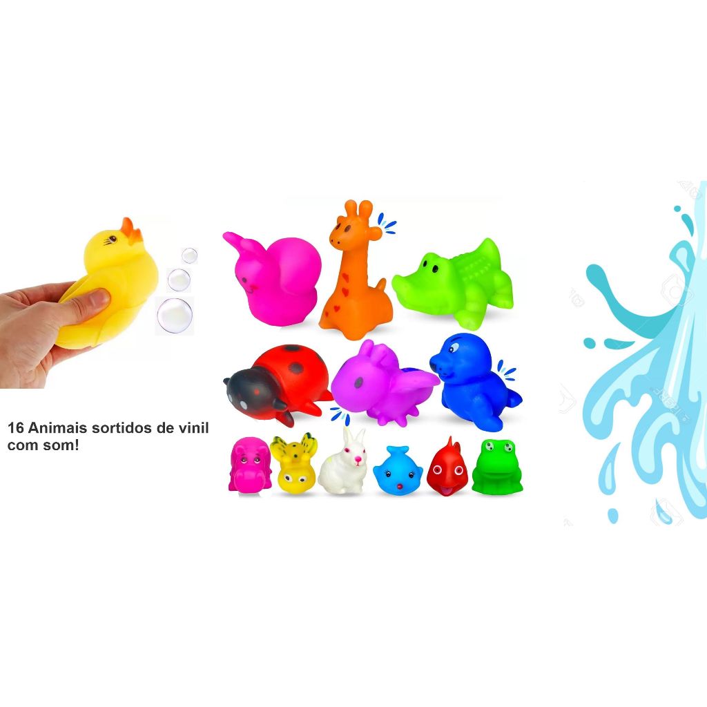 16 bichinhos de banheira animais infantil Coloridos Fazendinha Divertido com apito