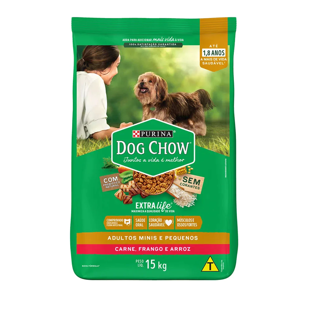 Dog Chow Cães Adultos Mini e Pequeno Carne, Frango e Arroz 15 kg