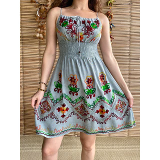 Vestido Indiano Curto Bordado Alça Moda Indiana Feminina Modelo Exclusivo Elegante Boho
