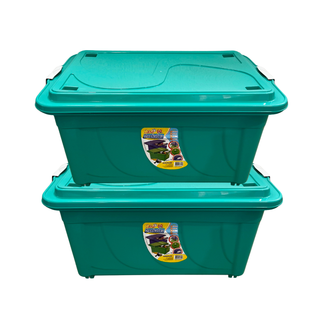 KIT COM 2 CAIXAS ORGANIZADORAS - 60L - COM RODINHAS E TRAVA E ENCAIXE - 642