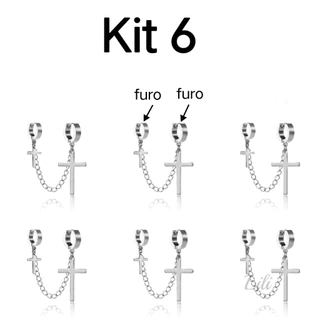 Kit 6 Brinco de Argola com Cruz e Correte Aço inox Masculino Feminino /moda