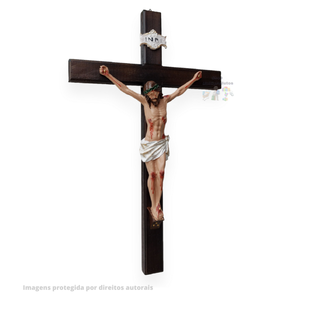 Crucifixo Cruz de Parede Grande Cristo em Resina e Madeira Envernizada ...