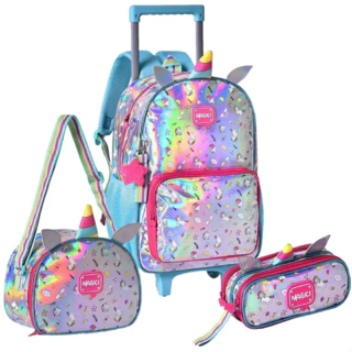 Kit Mochila Holografico com Rodas Unicórnio Estojo Lancheira