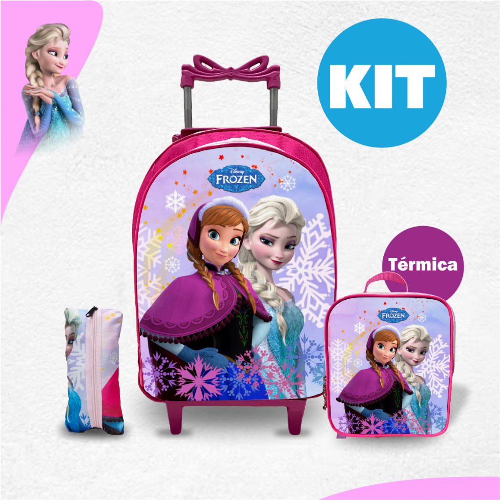 Kit Mochila Escolar Frozen Rodinha infantil Menina + Lancheira Térmica + Estojo