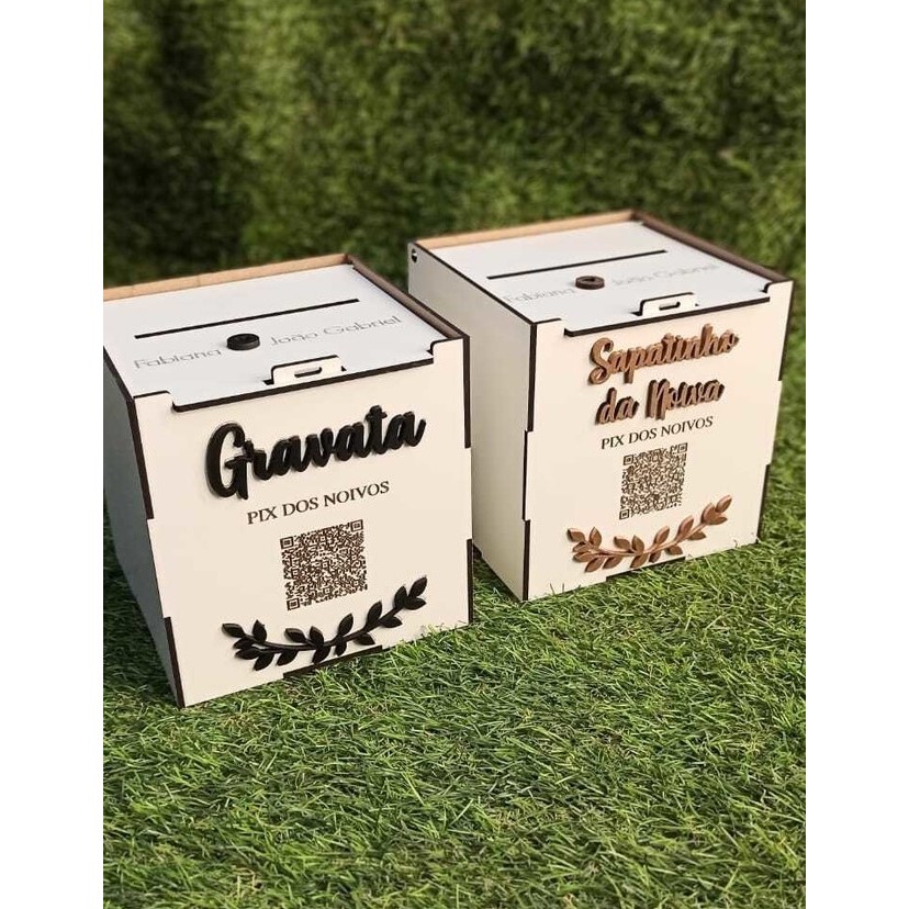 Kit com 02 Caixas Cofres pi x Dos Noivos Para Casamento gravata e sapatinho da noiva - Mdf 3mm 15x15x15