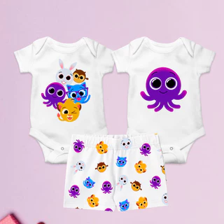 Conjuntinho bebê infantil com 2 Bodys e 1 Bermudinha tema bolofofos e polvo Pow