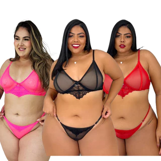 Kit Lingerie Plus Size Tule Transparente Cores Básica e Neon Sexy