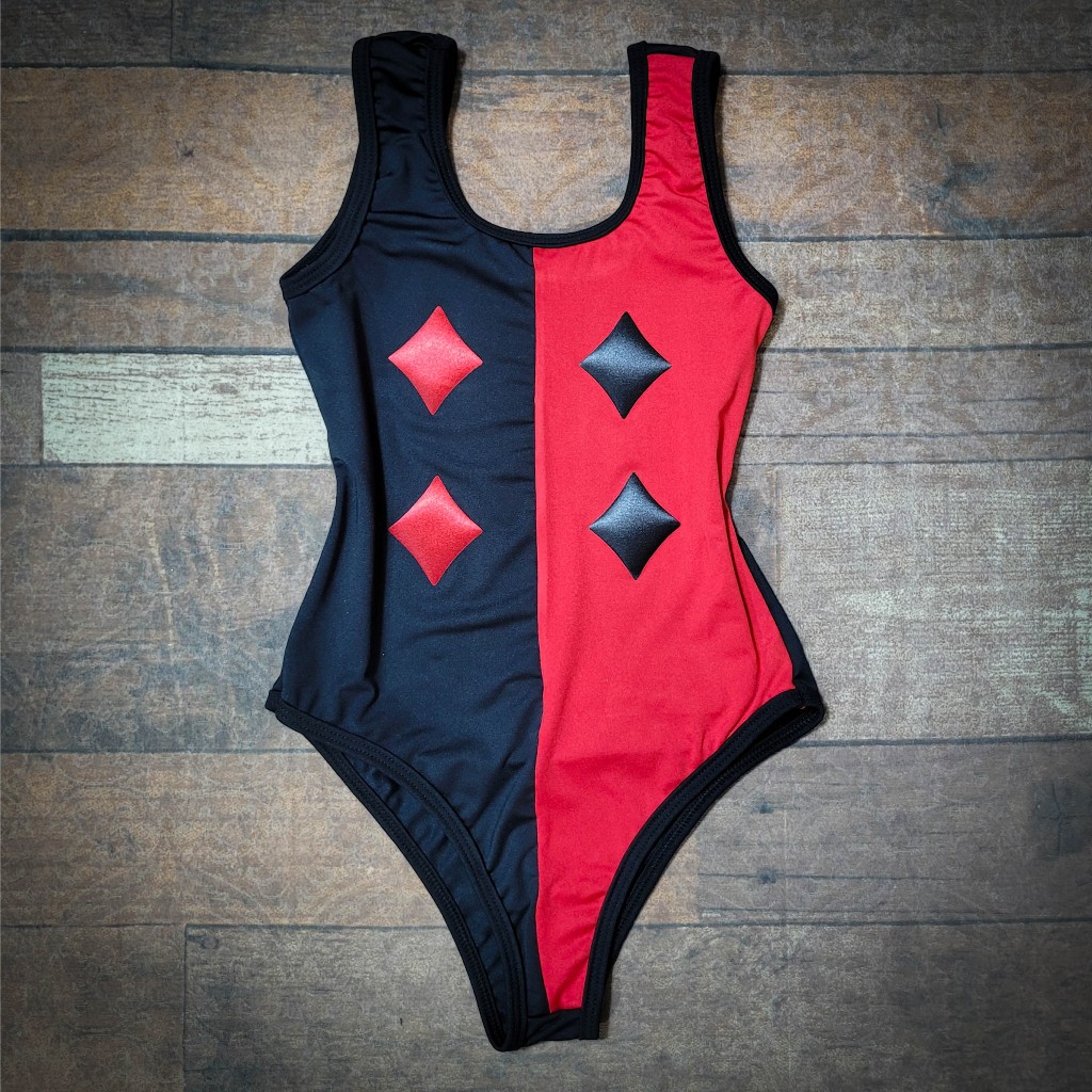 Body fantasia Arlequina Preta e vermelho Adulto e Infantil para carnaval