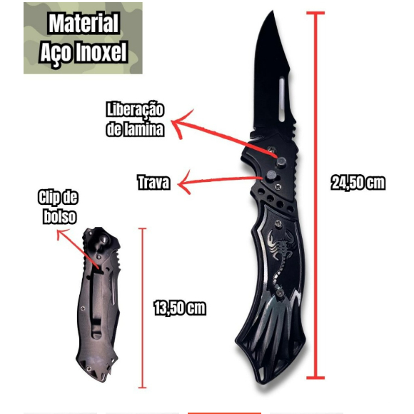 Canivete Esportivo Automático Caça Pesca 24cm Escorpião
