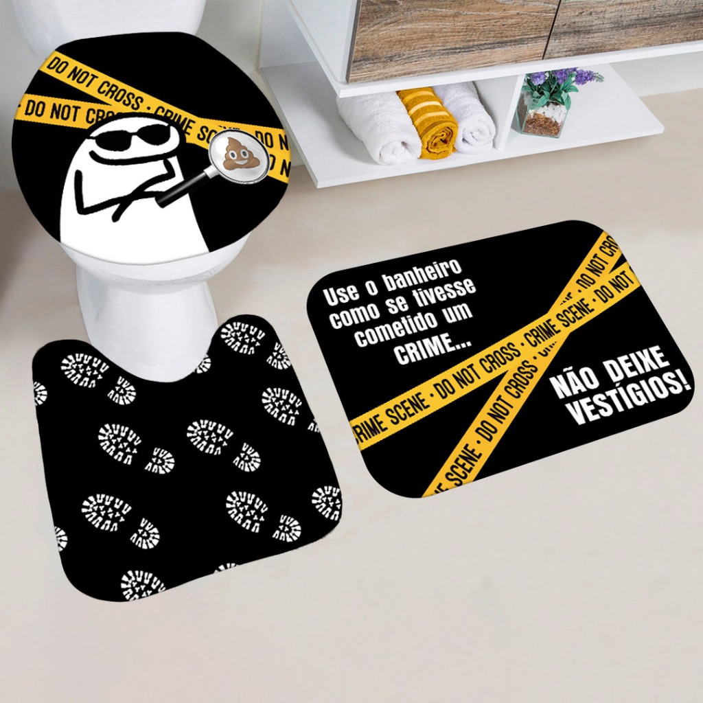 kit jogo Tapetes Banheiro Estampa Divertida Cena Crime Antiderrapante 3 peças