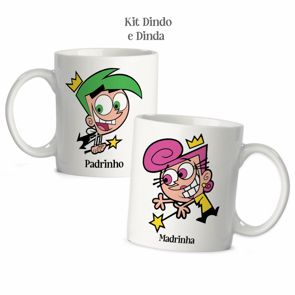 Caneca Padrinho Madrinha Dindo Dinda de Batismo Desenho Padrinhos Mágicos -  Kit 2 Unidades