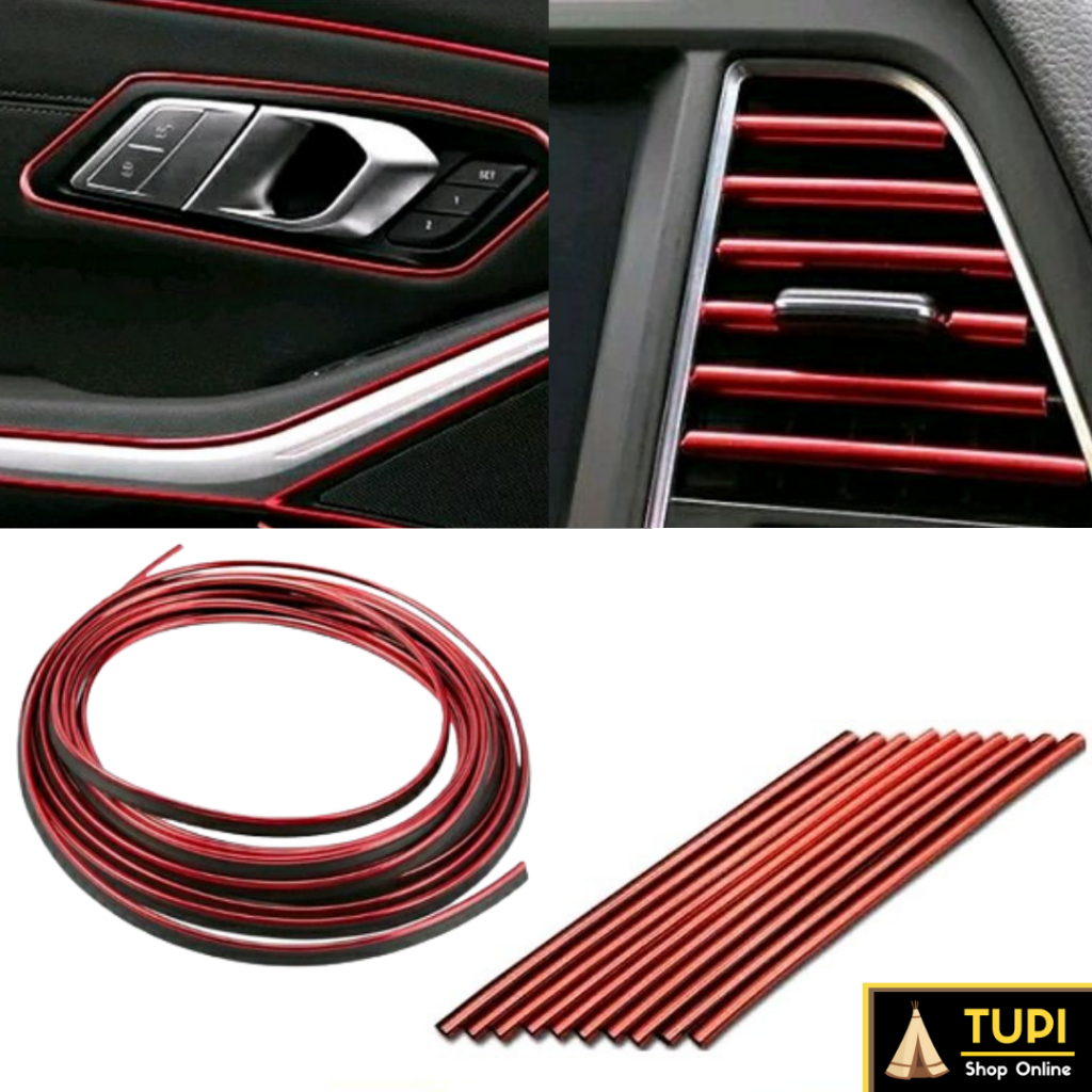 Faixa de acabamento Decorativa Interior Carro Fio 5 Metros Tuning 3D Vermelho - Adesivo Painel Carro/ Friso Filete Painel Porta Volante Tira Fita Brilhante De Saída De Ar Condicionado Honda Hyundai Volkswagen Fiat Nissan Peugeot