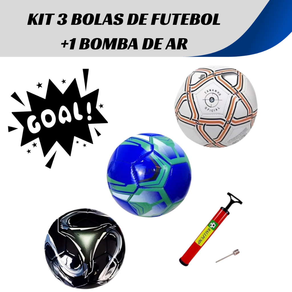 Kit 3 Bolas de Futebol de Campo Reforçada Tamanho Oficial + 1 Bomba de Ar Manual para Encher Bola com Bico de Metal