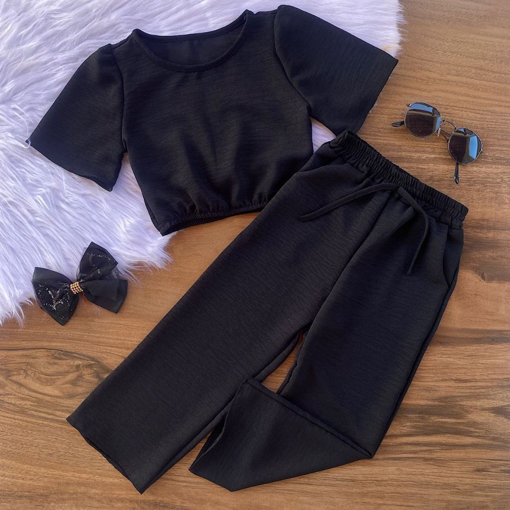 Conjunto Infantil e Juvenil Feminino Menina Luxo Blusa Cropped e Calça Flare Moda Verão Super Estiloso