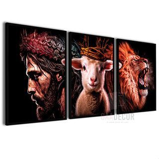 3 Quadros Decorativos Sala Jesus Cristo Leão de Judá Biblia