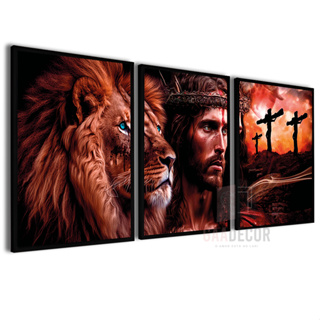 3 Quadros Decorativos para Sala Leão de Judá Yeshua Jesus