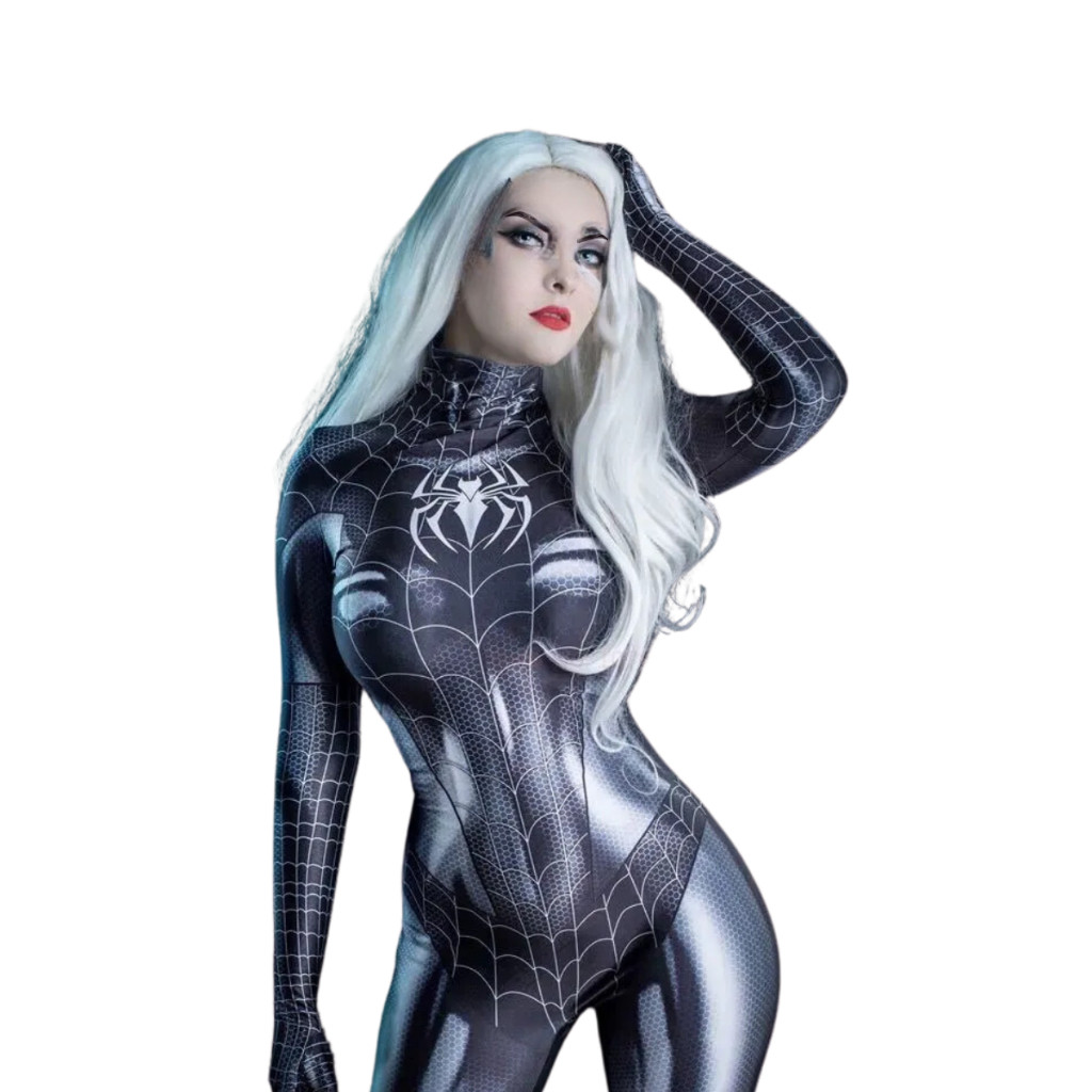 Cosplay Gata Negra Simbionte Mulher Venom / Fantasia Mulher Aranha Simbionte Traje Preto / Cosplay Tamanho Adulto para Trabalho em Eventos, Lazer e Projetos Sociais