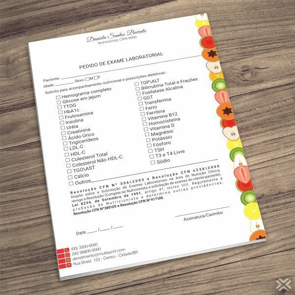 BLOCO PEDIDO DE EXAME LABORATORIAL NUTRICIONISTA personalizado 14X20cm colorido 50 ou 100 folhas