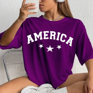 Camiseta T-shirt Unissex Streetwear Confortável Verão Estampada America Estrelas Blusa Feminina Plus sizer Gola redonda Manga Curta Ombro Caído Larga