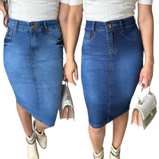 Kit 2 Saias Jeans Midi Secretária Com Elastano cintura Alta Moda Evangélica