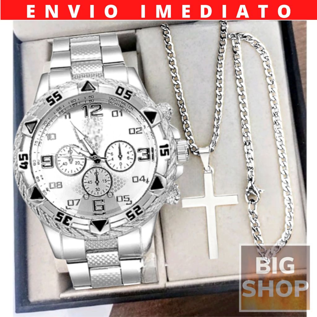 Relógio Homens Masculino Prata Brancol + Pulseira 925 Banhada + Correntinha 925 Fininha