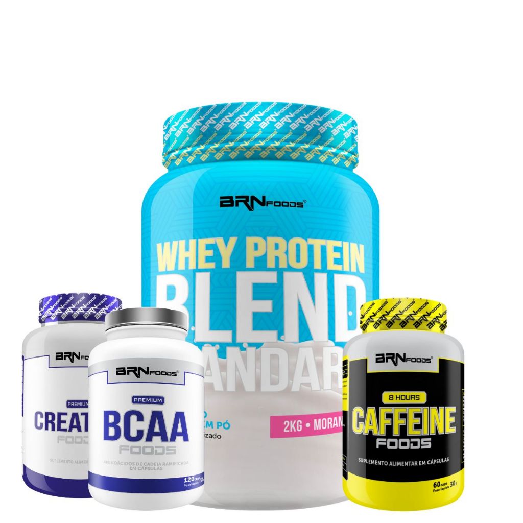 Kit Whey Protein Blend 2kg + Creatina 300g + Bcaa 150 Cáps + Cafeina 8 Hours 60 cáps – BRN Foods