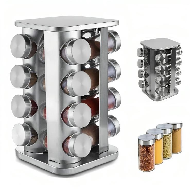 Porta Temperos Condimentos 16 Potes Giratorio Quadrado Inox