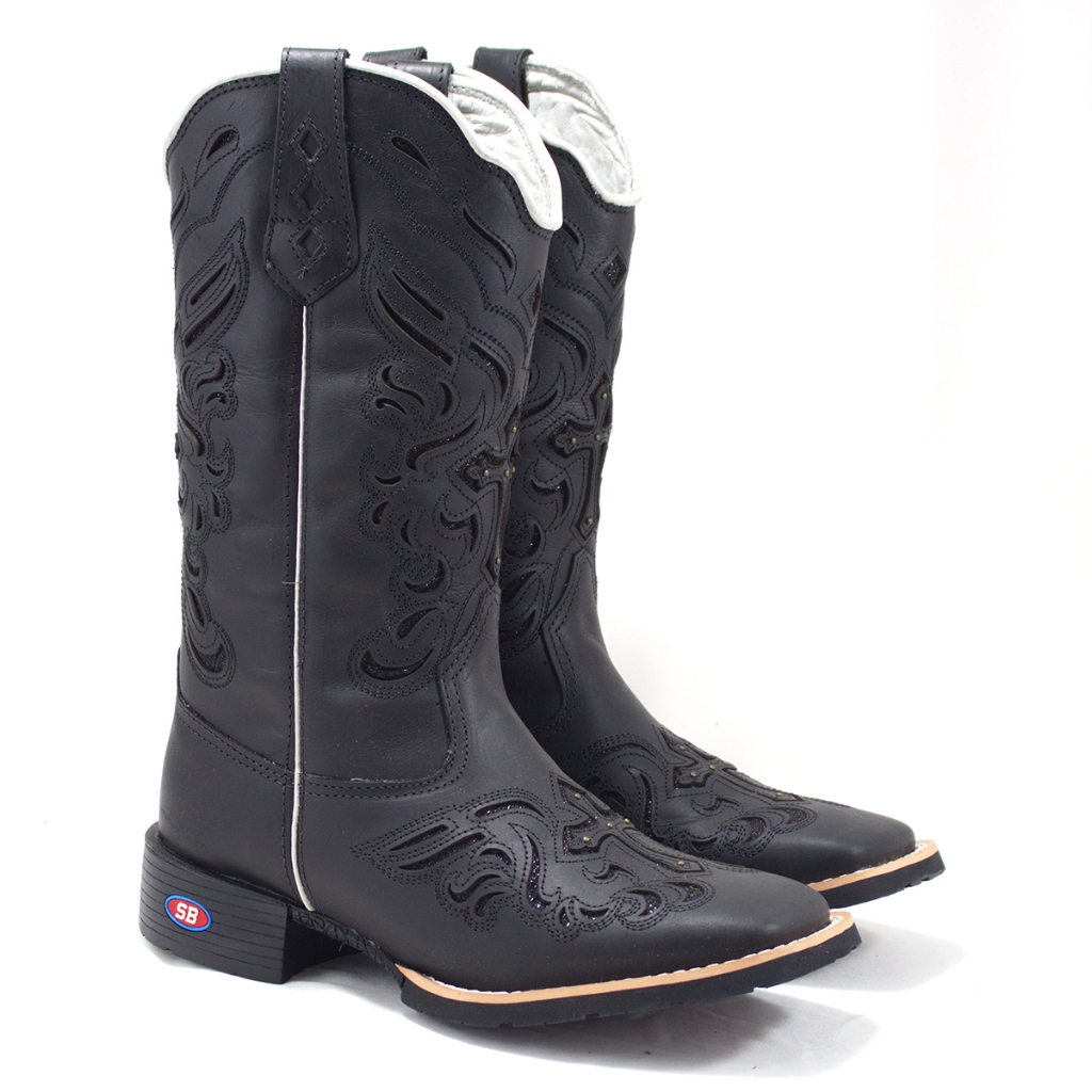 Bota Texana Feminina Corte Laser Glitter Preto Cano Alto