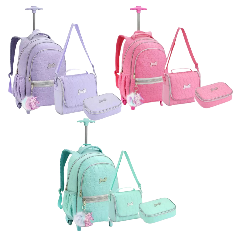 Mochila Infantil Menina De Rodinha Escolar Matelassê Kit Feminina Com Chaveiro Unicórnio Lancheira Térmica e Estojo Reforçada