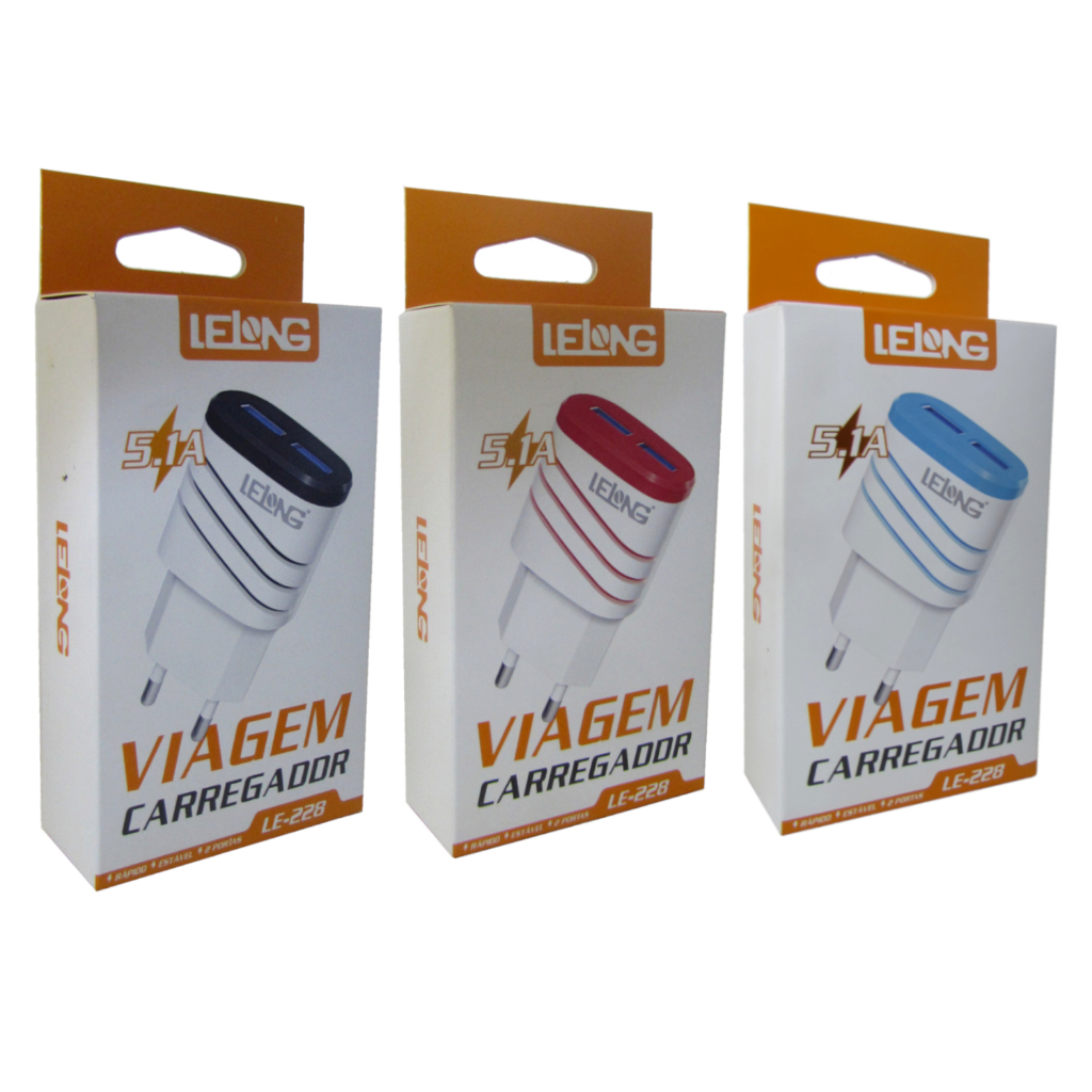 Fonte De Carregador Tomada Lelong Turbo 5.1A 2-USB Com Anatel