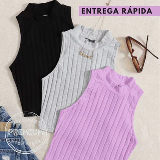 Kit 03 Cropped Gola Alta Canelado Sem Manga