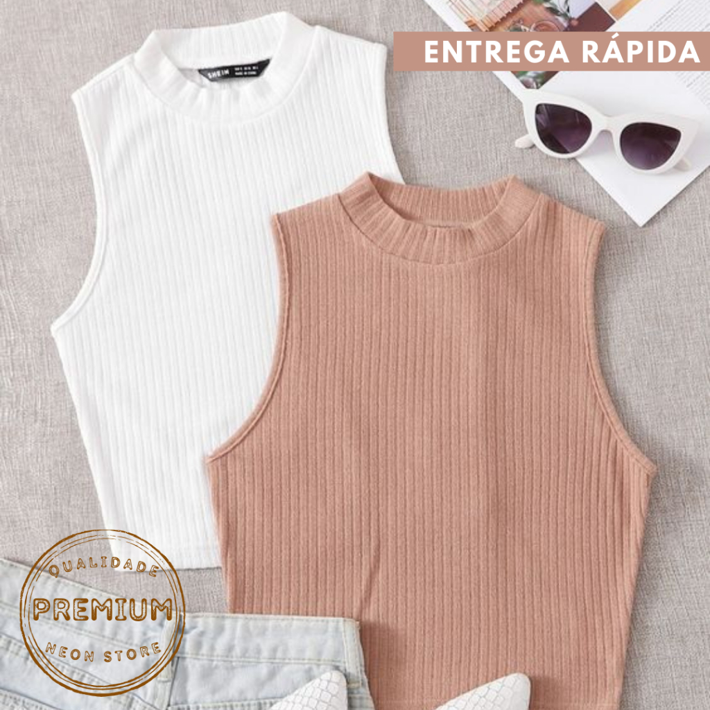 Kit 02 Regata Cropped Feminino Gola Alta Basico Canelado Sem Manga Blogueira Verão Praia