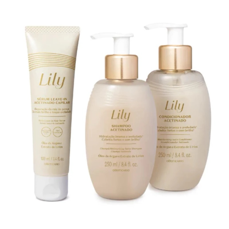 Kit Lily Acetinados: Shampoo 250ml + Condicionador 250ml + Sérum Leave ...
