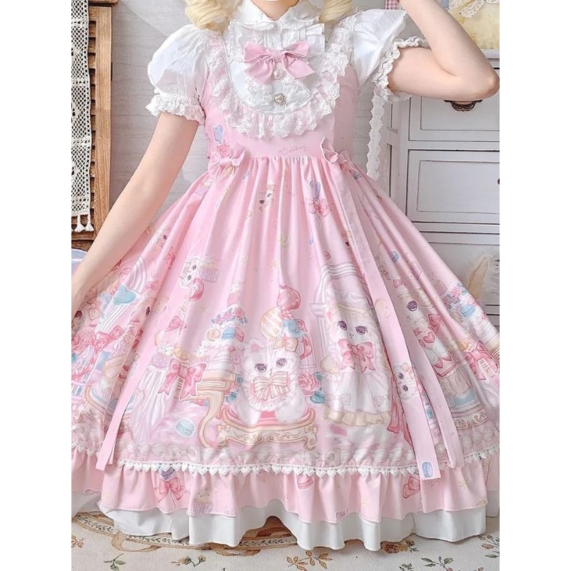 Vestido moda sweet lolita kawaii rosa estampa gato doces | Shopee Brasil