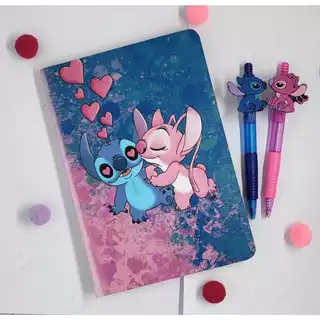 Kit Stitch e Angel apaixonados caderno tipo moleskine e duas canetas esferograficas Stich papelaria