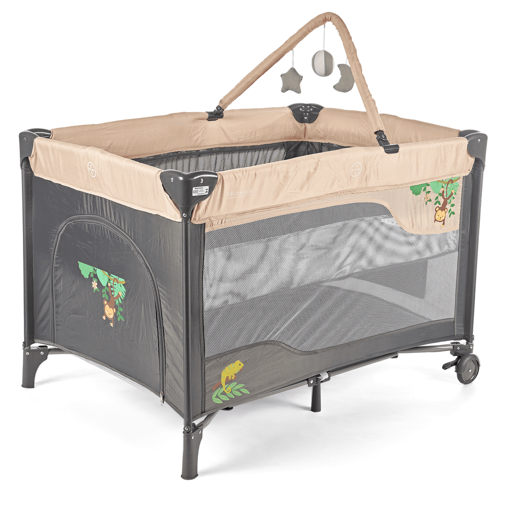 Berço Portátil Compacto Premium Multmaxx Chiqueirinho 2 Alturas Dobrável + 1 Bolsa Transporte e Mobile Preto/Marrom