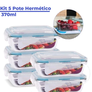 Kit 5 Pote de Vidro Hermético Retangular 370 ml Marmita Microondas