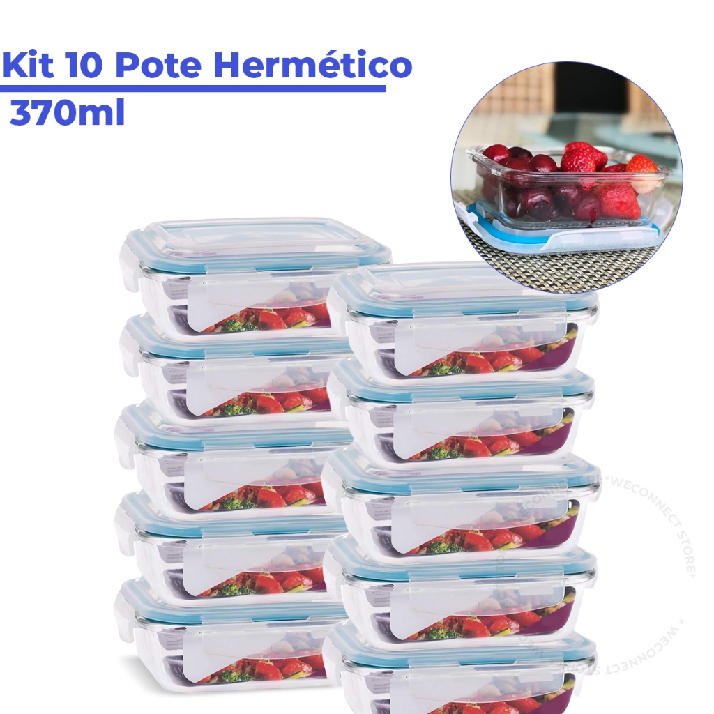 Kit 10 Pote de Vidro Hermético Retangular 370 ml Marmita Microondas