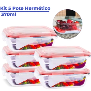 Kit 5 Pote de Vidro Hermético Retangular 370 ml Marmita Microondas