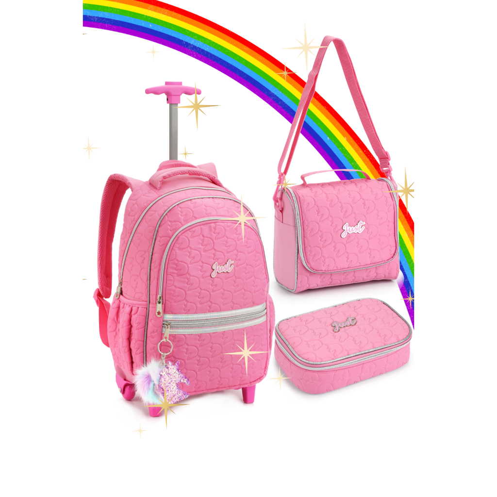 Mochila Infantil Menina De Rodinhas Just 16 Premium Com Chaveiro Pompom Kit Escolar + Lancheira Térmica + Estojo Denlex Reforçada Feminina