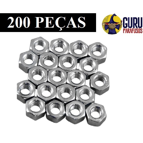 200 Porca Sextavada - 1/8 - 5/32 - 3/16 - 1/4 - Zincada - Polegada