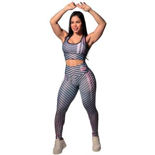 Conjunto Calça Legging Fitness Mais Top Com Bojo Poliamida Academia Cintura Alta