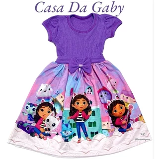 Vestido Festa Manga Curta Personagem Infantil menina Casa da Gaby